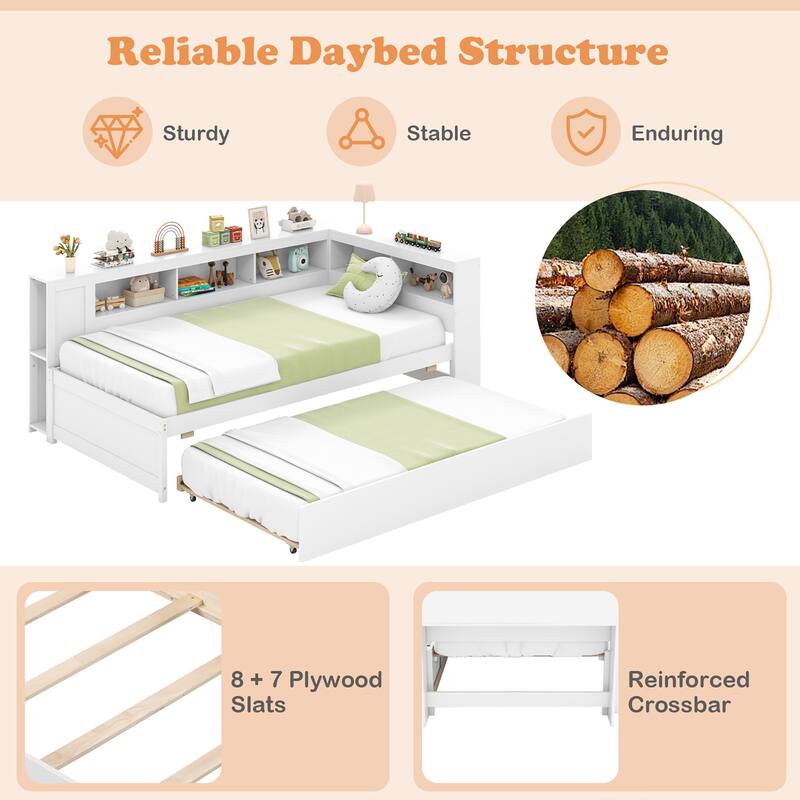 Gymax Twin Size Daybed w/ Trundle Bedside Shelves Reversible Bookcase