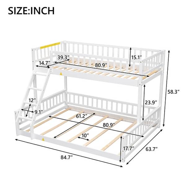 dimension image slide 0 of 2, Bunk Bed Twin XL Over Queen with Ladder and Slats Support, Bed Frame with Safety Guardrails