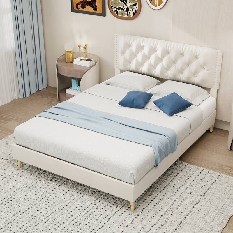 Beige Full Size Platform Bed Frame with Upholstered Headboard