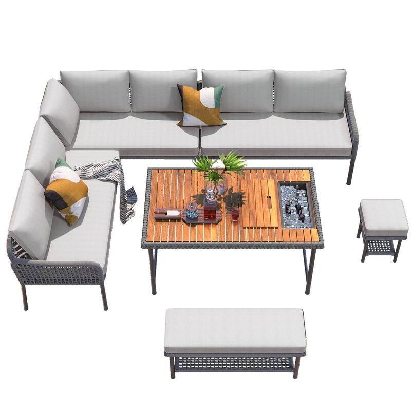 6-Piece Rope Patio Furniture L-Shaped Set,Outdoor Sectional Sofa Set with Acacia Wood Table with Ice Box,Rope Conversation Set