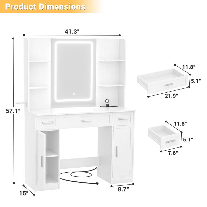 Modern Farmhouse Vanity Table with LED Mirror, Makeup Vanity Desk with Drawer, Cabinet, and Shelves
