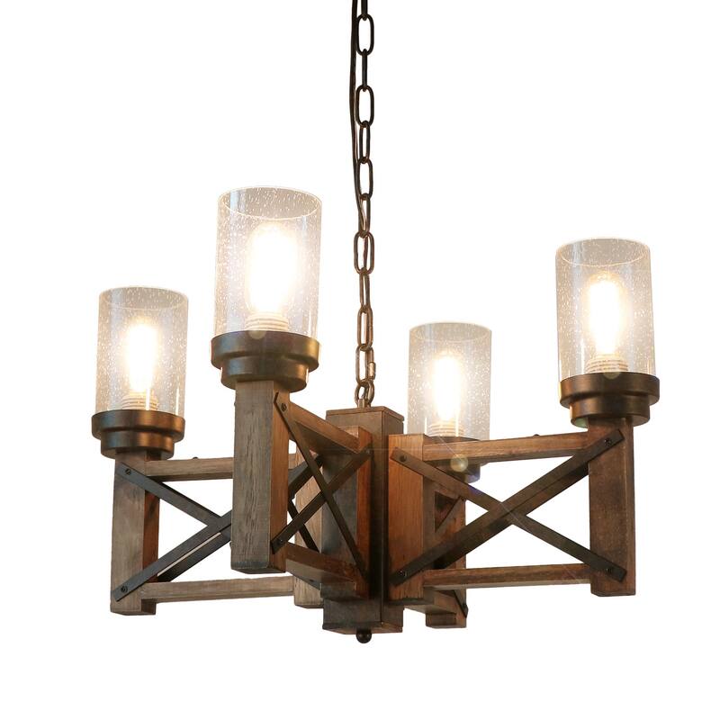 Anmytek Modern Farmhouse 4-Light Wood Wagon Wheel Chandelier Glass Pendant Lights for Dining Room - 22.8" D x 14" H