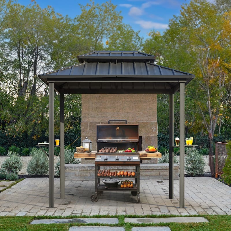 Grill Gazebo with Bar & Shelves, Double Roof BBQ Canopy for Patio, Wind & Weather-Resistant Outdoor Grill Shelter Tent