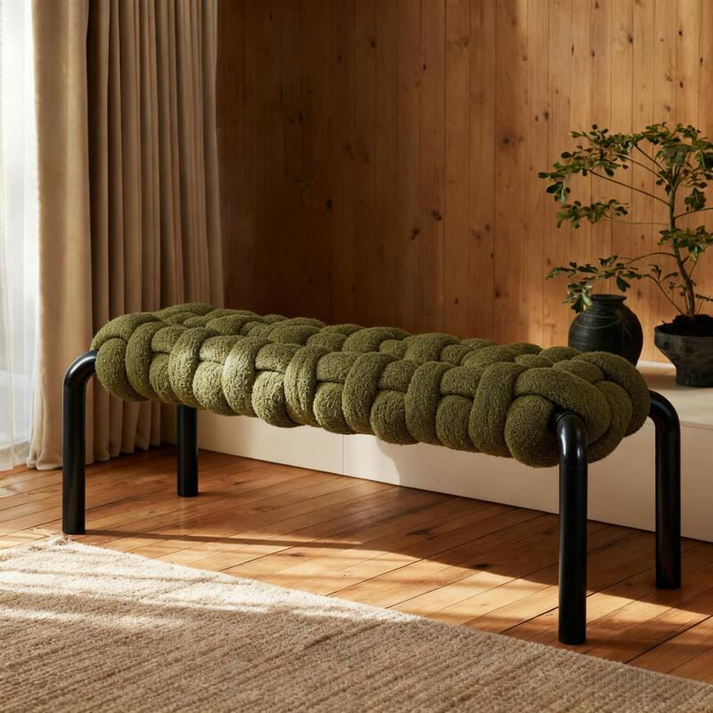 Christopher Knight Home - Teddy Braided Upholstered Bench with Black Metal Legs End-of-Bed Seating - Olive Green