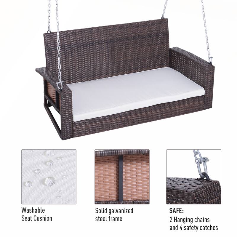 Outsunny 2 Person Wicker Hanging Swing Bench with Cushions for Backyard and Garden