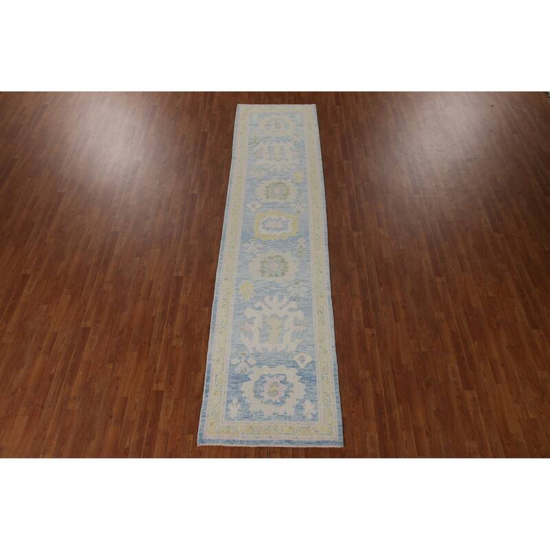 Vegetable Dye Oushak Turkish Runner Rug Hand-knotted Blue Wool Carpet - 3'3"x 12'10"