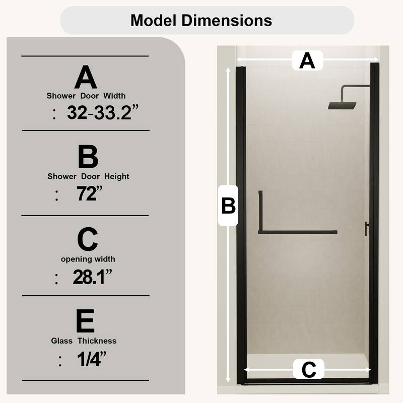 GDFStudio - Nolan Semi-Frameless Pivot Shower Door with Adjustable Fit and Tempered Glass for Modern Bathrooms