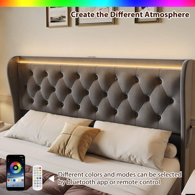 Velvet Upholstered Platform Bed Frame, with LED Lights/Charging Station/Wingback Headboard