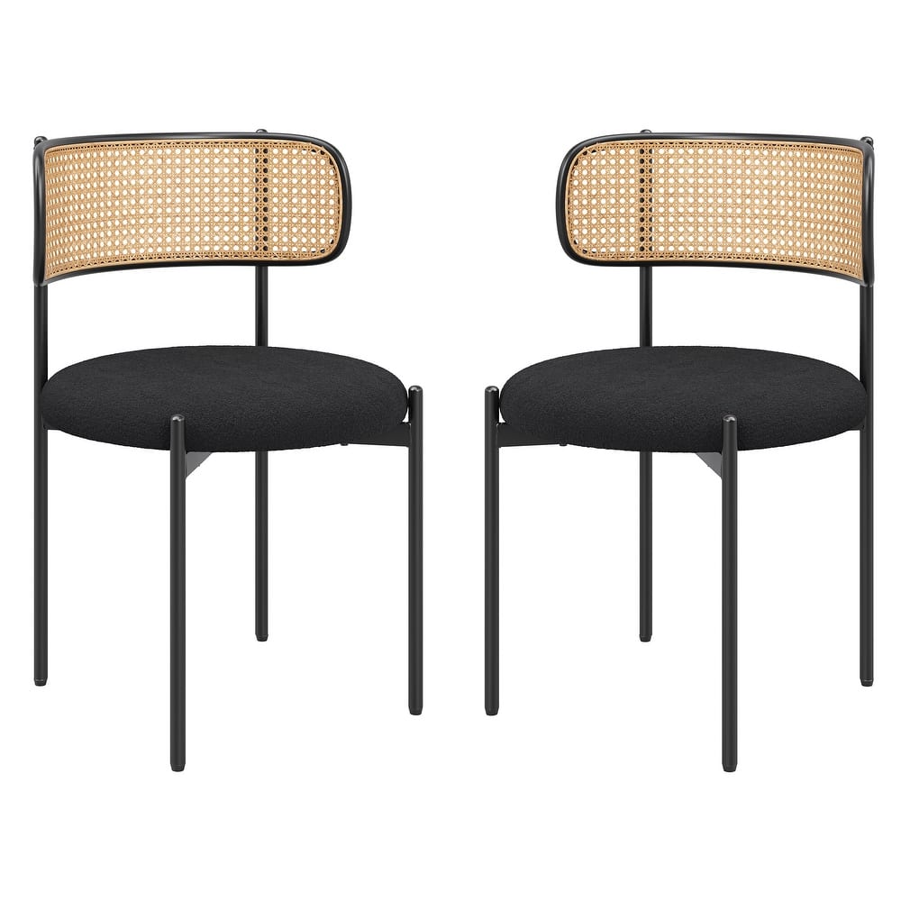 Set of 2 Upholstered Dining Chairs with Rattan Back and Metal Legs