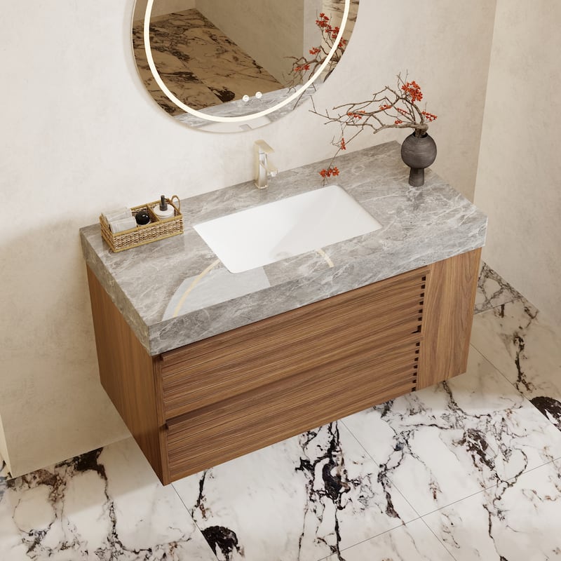 Modern 36" Bathroom Vanities, Sintered Stone Tabletop, Sold wood Cabinets, 2 Drawers& 2 Adjustable Shelves, Not Assembled Need
