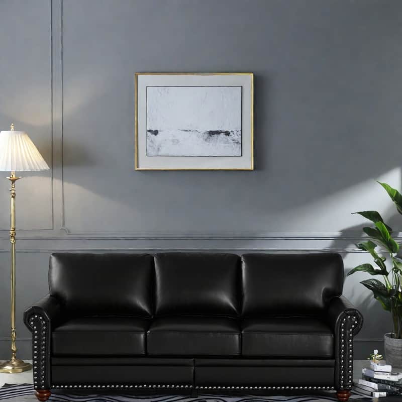 82.68" 3-Seater Sofa PU Leather Sofa with Storage, Solid Wood And Metal Frame, 6-Leg Support, Under-Seat Storage Boxes - Navy Blue