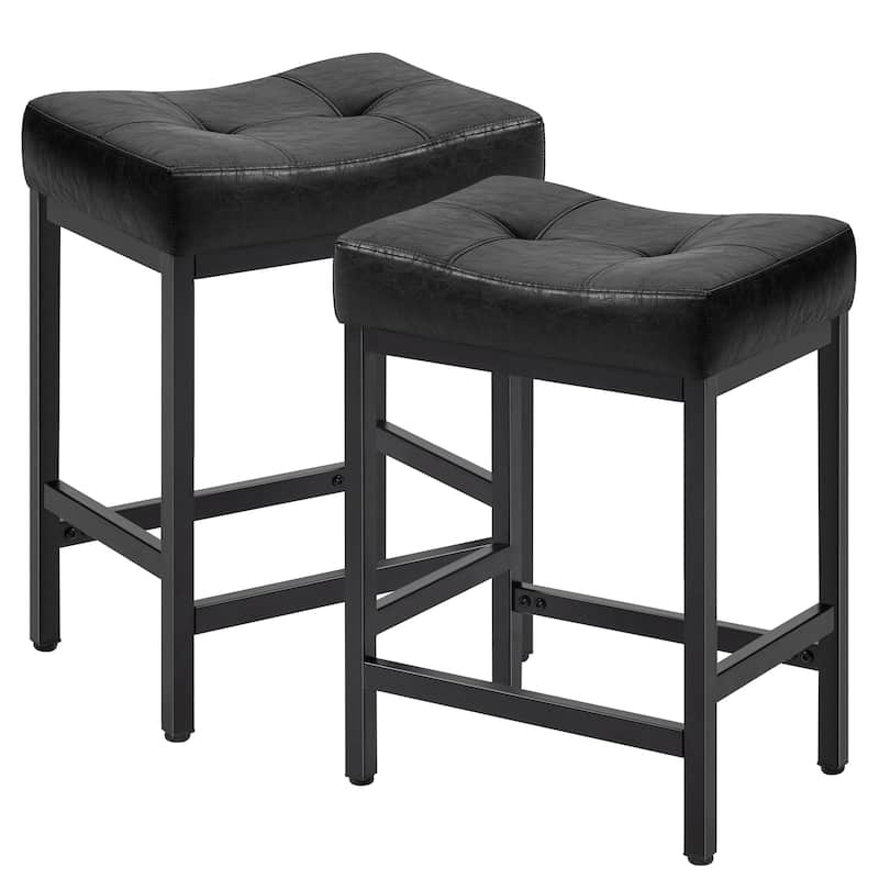Upholstered PU Leather Bar Stools Set of 2, 24" Counter Height Saddle Bar Stools