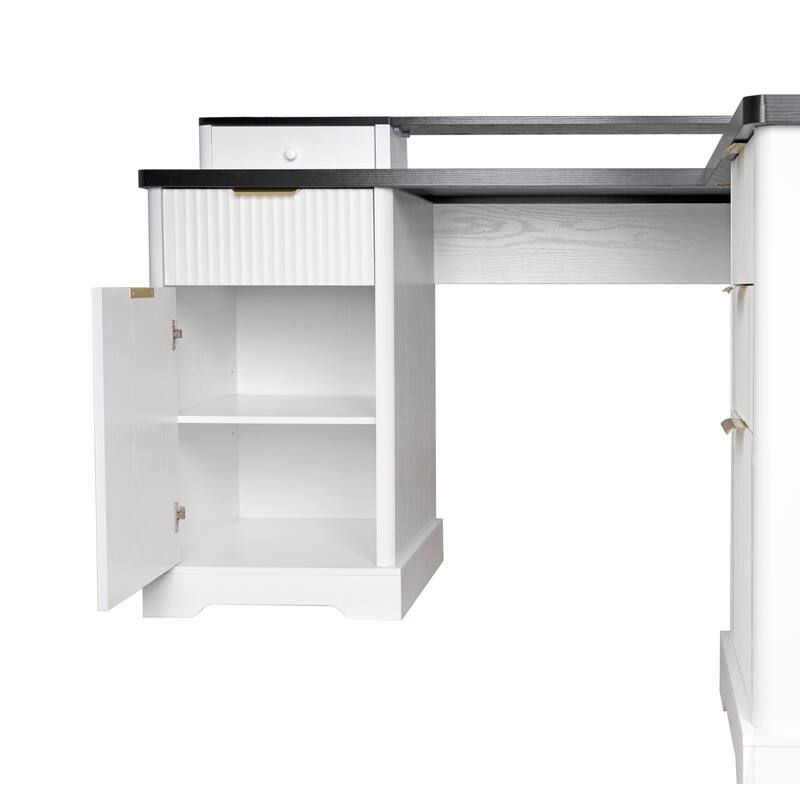 Roomfitters 59" Modern Fluted L-Shaped Desk with Charging Station, Monitor Stand & File Drawer