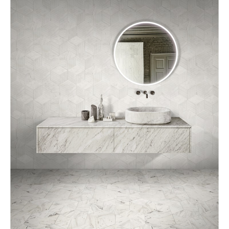 Roomfitters Hexagon Marble Tile for Wall and Floor, Polished Natural Stone, Genuine Marble, 12-Piece Box, White - White+Natural