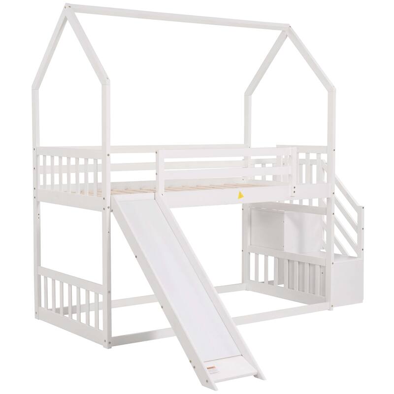White Twin over Twin Pinewood Bunk Bed with Convertible Slide and Storage Staircase