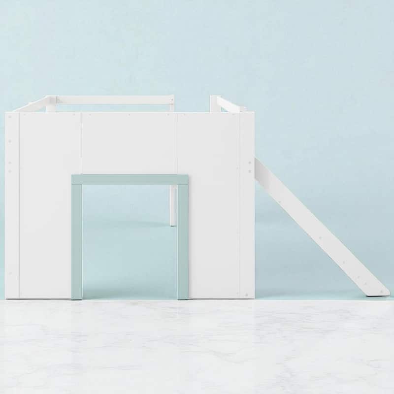 Full Size Low Loft Bed with Slide, 3 Storage Drawers, 2 Doors, Solid Wood Frame, White Loft Bed for Kids