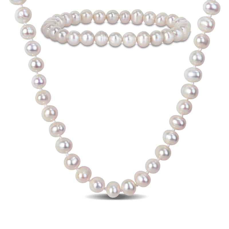 Miadora 6-7mm Cultured Freshwater Pearl Necklace and Elastic Bracelet Set Goldtone Clasp - 18 in