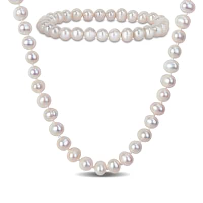 Miadora 6-7mm Cultured Freshwater Pearl Necklace and Elastic Bracelet Set Goldtone Clasp - 18 in