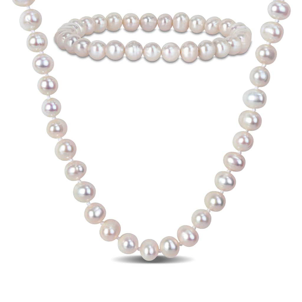 Miadora 6-7mm Cultured Freshwater Pearl Necklace and Elastic Bracelet Set Goldtone Clasp - 18 in