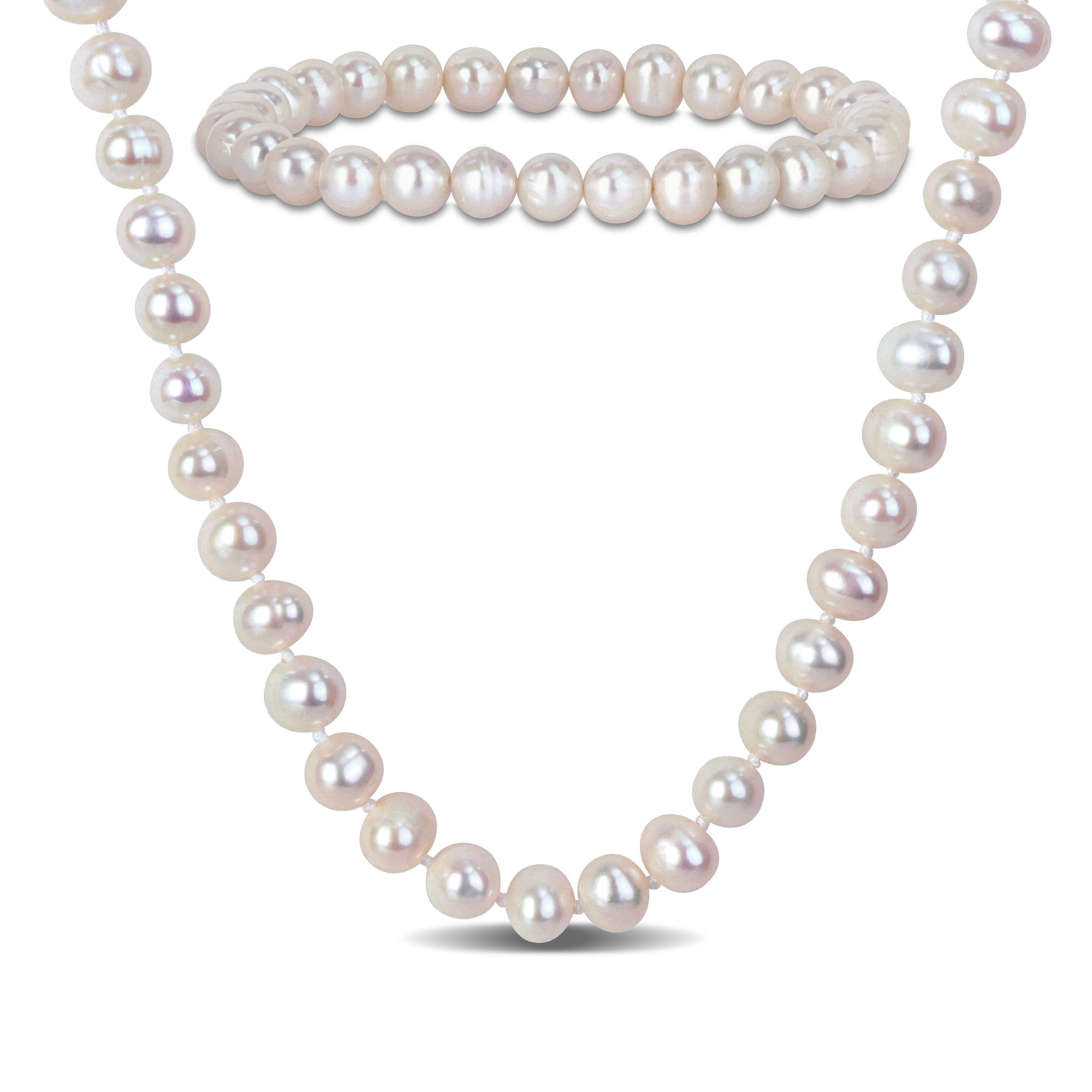 Miadora 6-7mm Cultured Freshwater Pearl Necklace and Elastic Bracelet Set Goldtone Clasp - 18 in