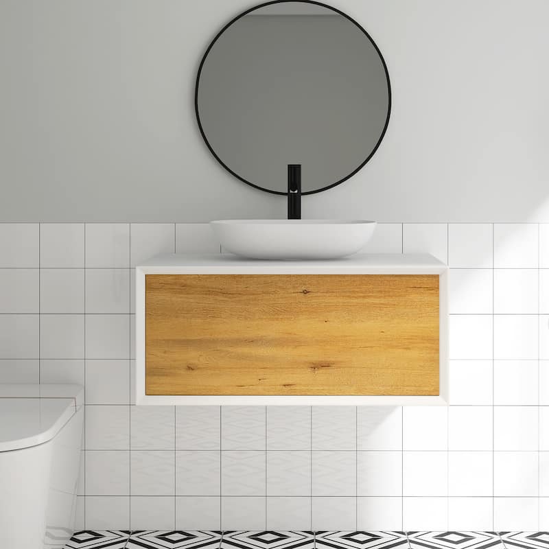 Wall Mounted Bathroom Vanity Set with White Solid Surface Top and Vessel Sink - 36"