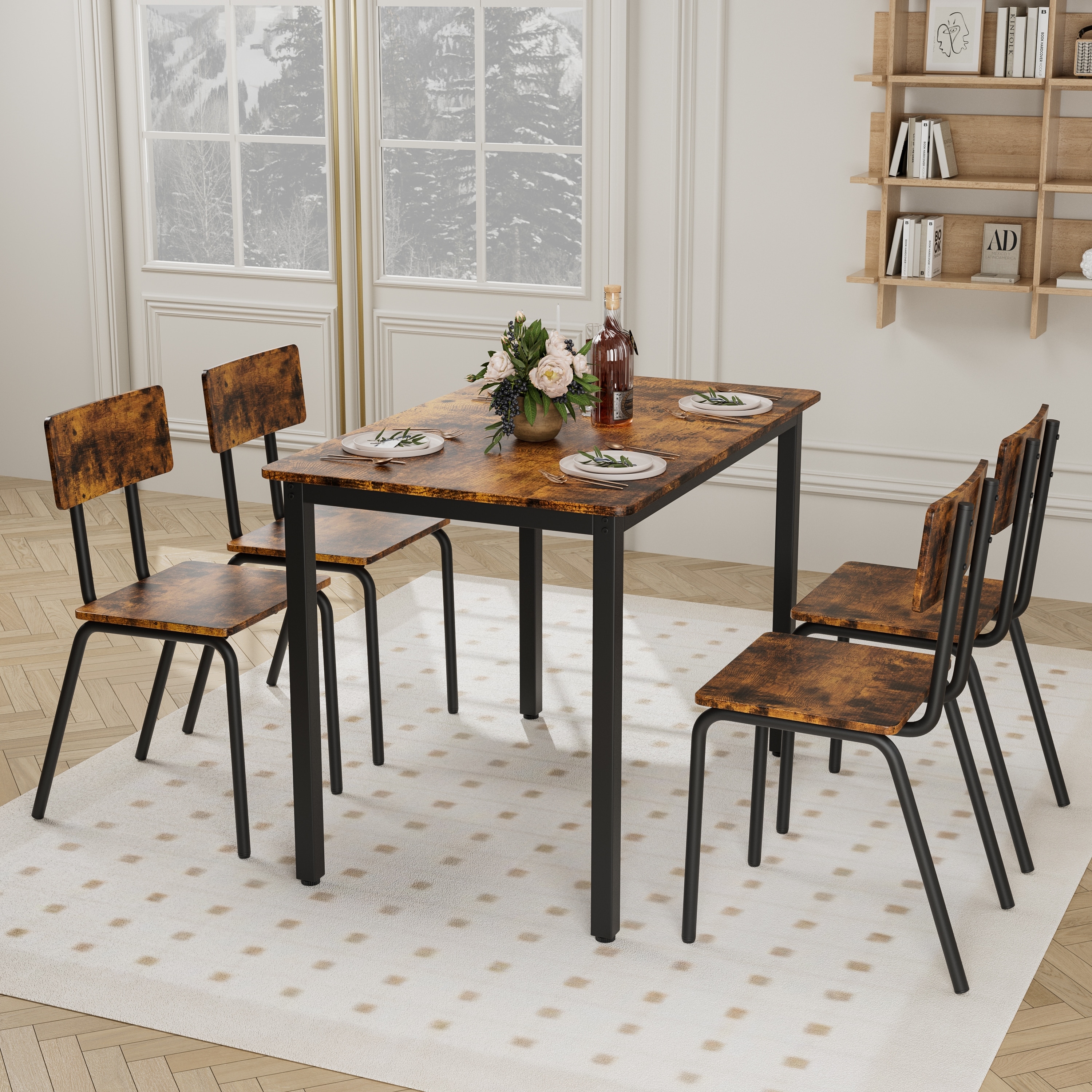 Farmhouse 5 Piece Dining Table Set with 4 Chairs, Dining Room Table with Metal Frame & MDF Board, Perfect for Small Space