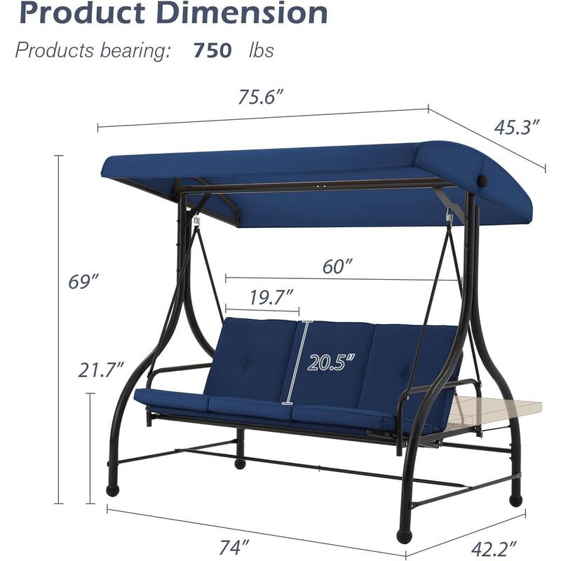 AECOJOY 3-Seat Outdoor Porch Swing w/ Canopy Outdoor Swing Bed
