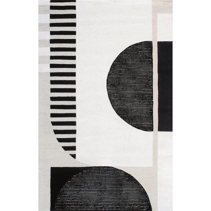 Pasargad Home Edgy Hand-Tufted Ivory/Black Bsilk & Wool Area Rug - 7' 9'' X 9' 9''