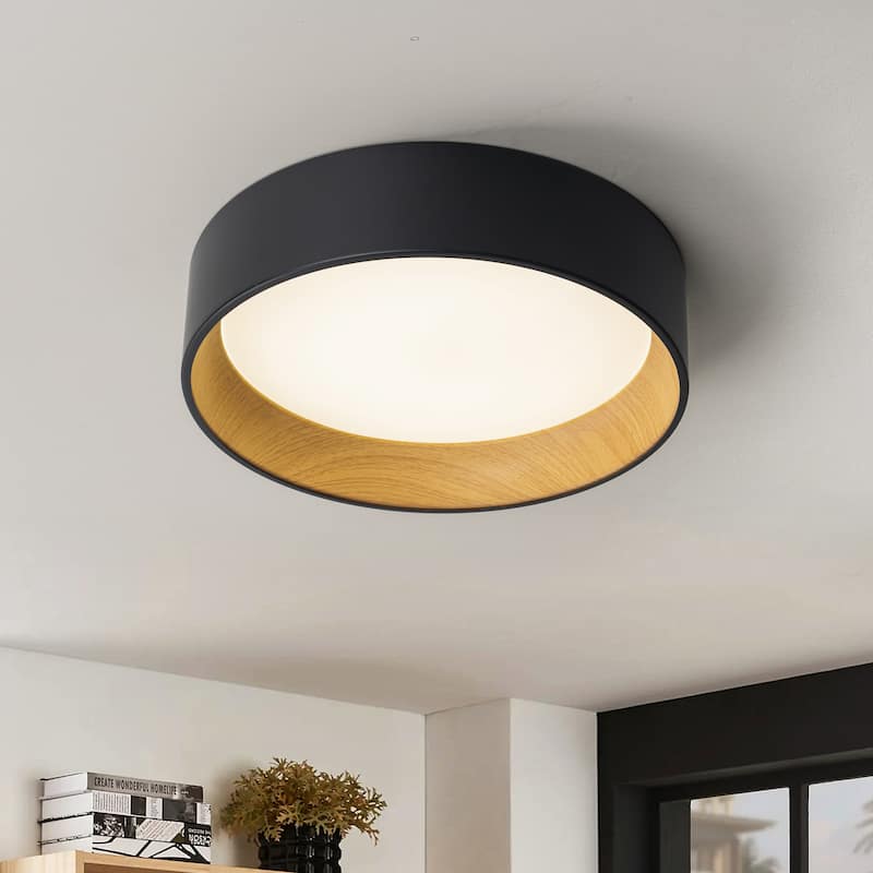 C Cattleya Black and Woodgrain 3CCT Integrated LED Flush Mount Ceiling Light - 16-inch - Woodgrain