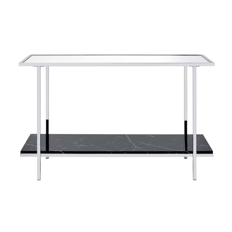 Console Table with Mirror Top and Faux Marble Open Bottom Shelf, Silver