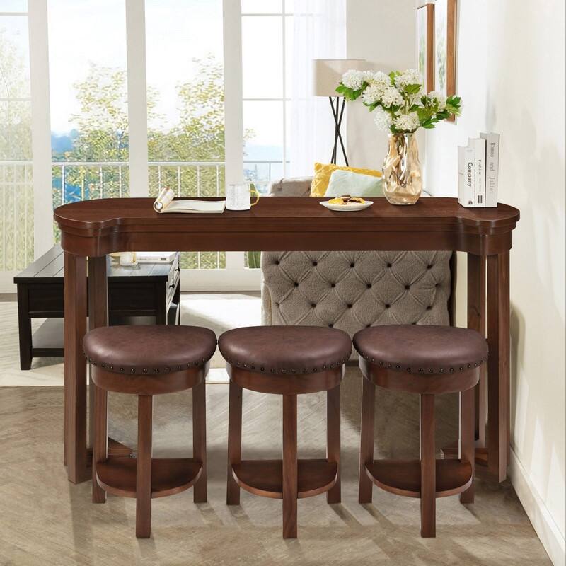 4-Piece Bar Table Set with Solid Pine Wood Legs and PU Upholstered Stools for Dining and Entertaining