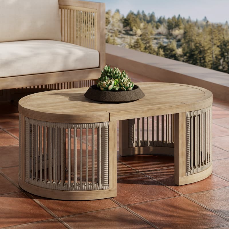 Christopher Knight Home- Leocadia Acacia Wood Outdoor Chat Set - Table - Light Teak+Beige Rope