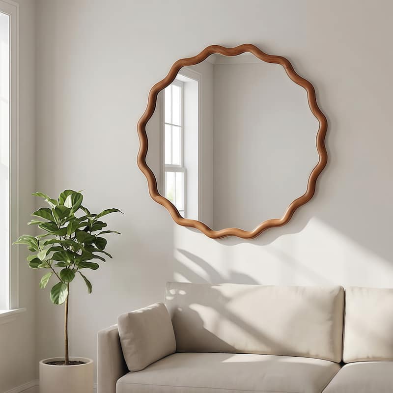 24 inch Wavy Round Solid Wood Frame Decorative Mirror,For Bedroom, Bathroom, Living Room, Entryway