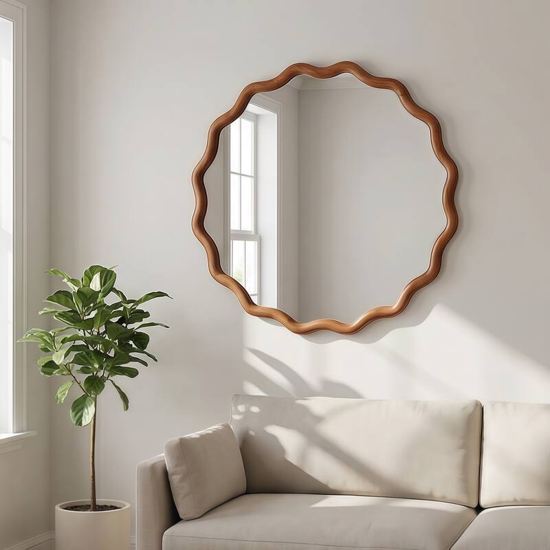 24 inch Wavy Round Solid Wood Frame Decorative Mirror