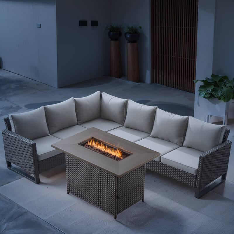 Outdoor All Weather PE Wicker Conversation with Fire Pit Table - Beige - Brown