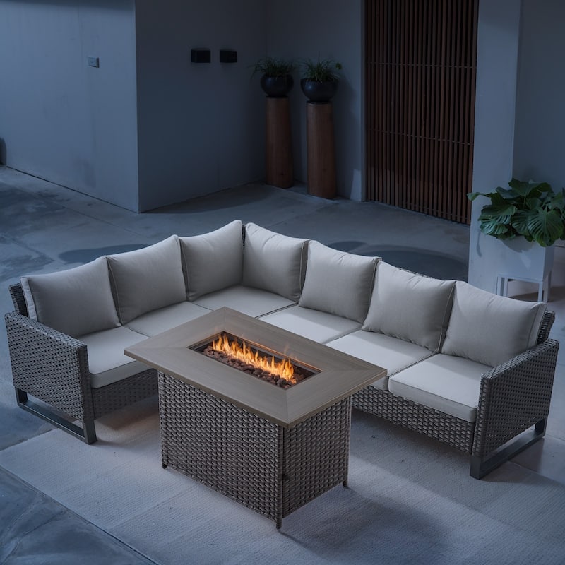 Outdoor PE Wicker Conversation with Fire Pit Table - Beige cushion - Brown - Beige - Brown