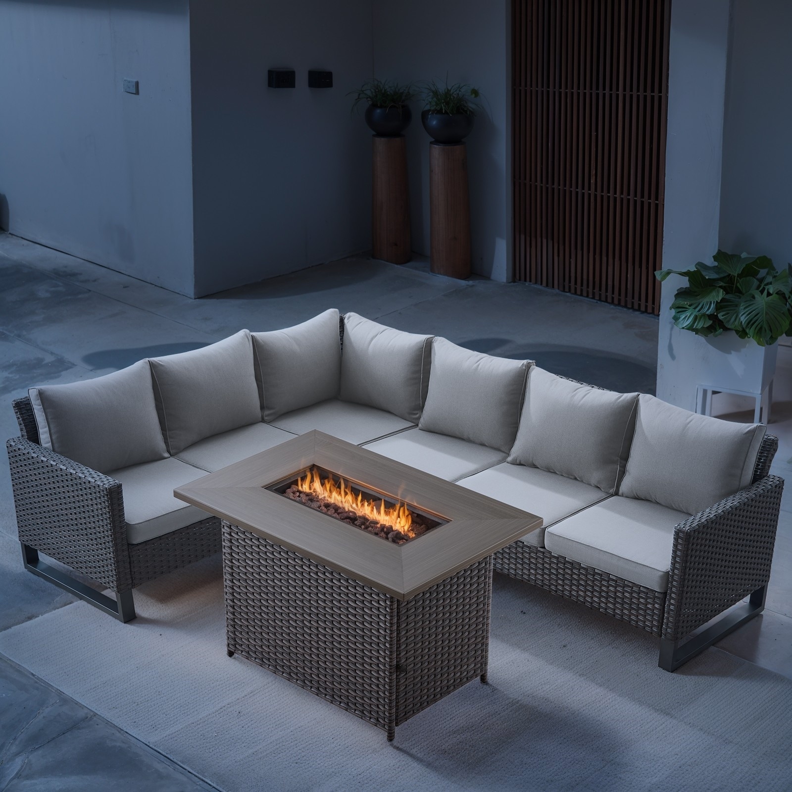 Outdoor PE Wicker Conversation with Fire Pit Table - Beige cushion - Brown