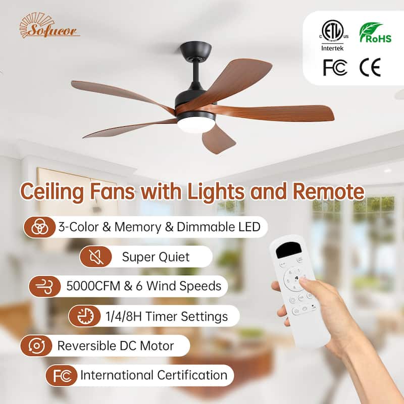 Sofucor 52"Smart,Ceiling Fans with Lights and Remote, Compatible with Alexa/Google/App, 3-Color Light 6-Speed Timing