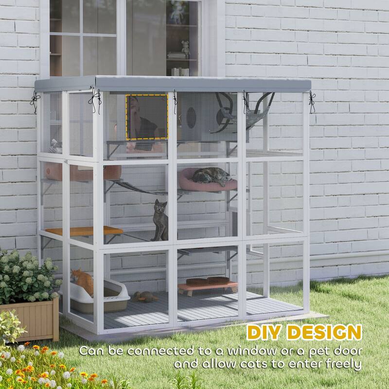 PawHut Catio Outdoor Cat Enclosure, Large Luxury Cat House Outside with Hammock, Condo, Jump Platforms, Ladders, 71"