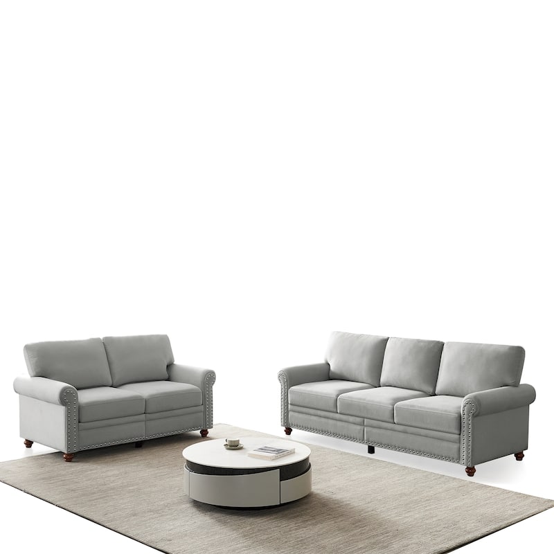 Fabric Upholstered Loveseat Sofa & 3 Seater Couch Set with Storage
