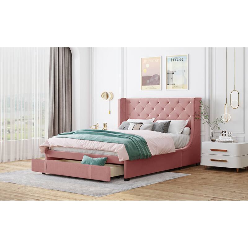 Queen Size Storage Bed Velvet Upholstered Platform Bed with Wingback Headboard and a Big Drawer