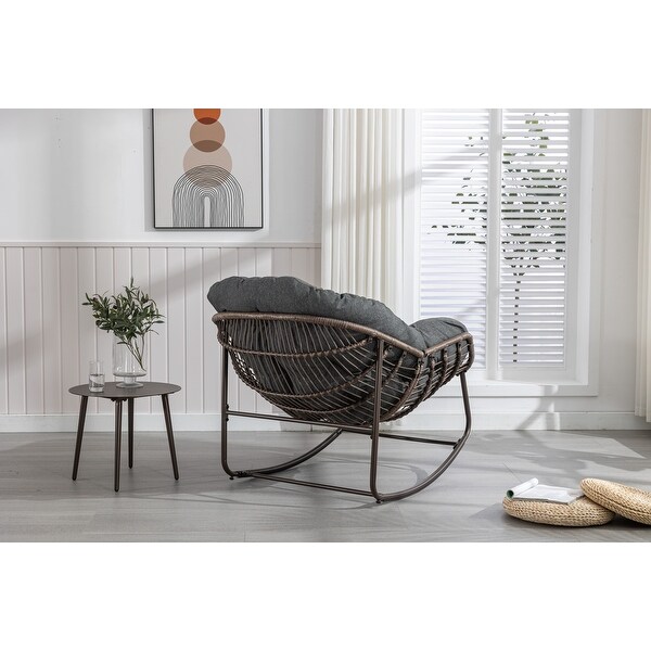 Modern Rattan Rocking Chair Padded Cushion Rocker Recliner Chair Soft Comfortable Chair for Living Room Bedroom Beige
