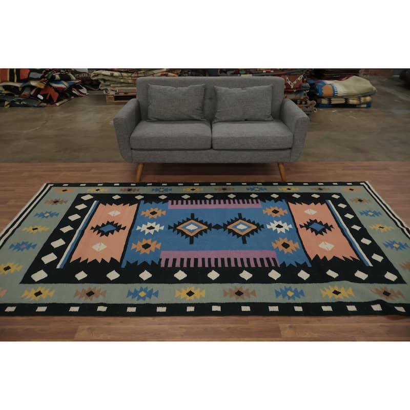 Hand Woven Oriental 100% Wool Carpet Southwestern Tribal Navy Blue & Blues Kilim Area Rug - 9' 11'' X 5' 3''