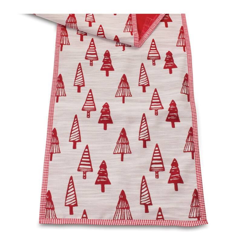 Embroidered Pine Trees Christmas Table Runner - 72" - Red and White