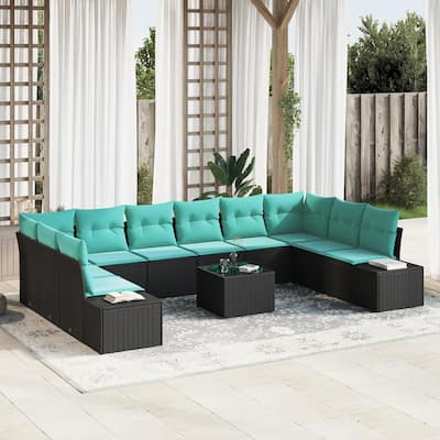 vidaXL 11 Garden Sofa Set with Cushions Black Poly Rattan - 135.4 x 24.4 x 27.2