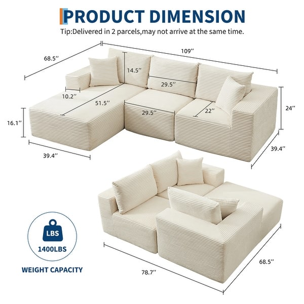 dimension image slide 0 of 8, 109'' Corduroy Modular Sectional Sofa with Chaise