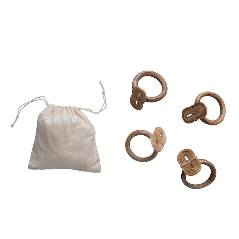 Woven Bamboo Napkin Rings in Linen Drawstring Bag - 2.3"L x 2.3"W x 2.5"H
