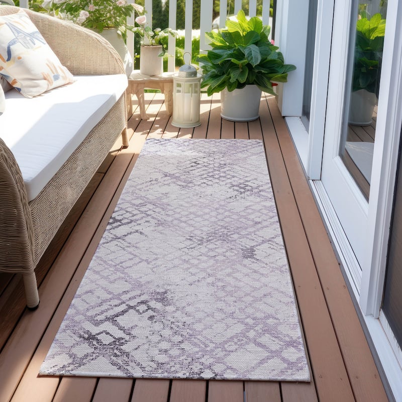 Machine Washable Indoor/ Outdoor Chantille Distressed Trellis Rug - Purple - 2'3" x 7'6"