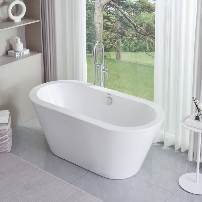 Vanity Art 59.1" Freestanding Acrylic Bathtub Modern Stand Alone Soaking Tub with Polished Chrome Round Overflow & Pop-up Drain