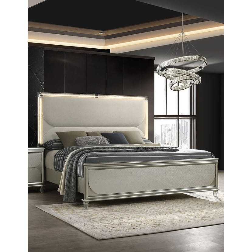 Modern Style Silver Finish LED Upholstered 1pc Bed